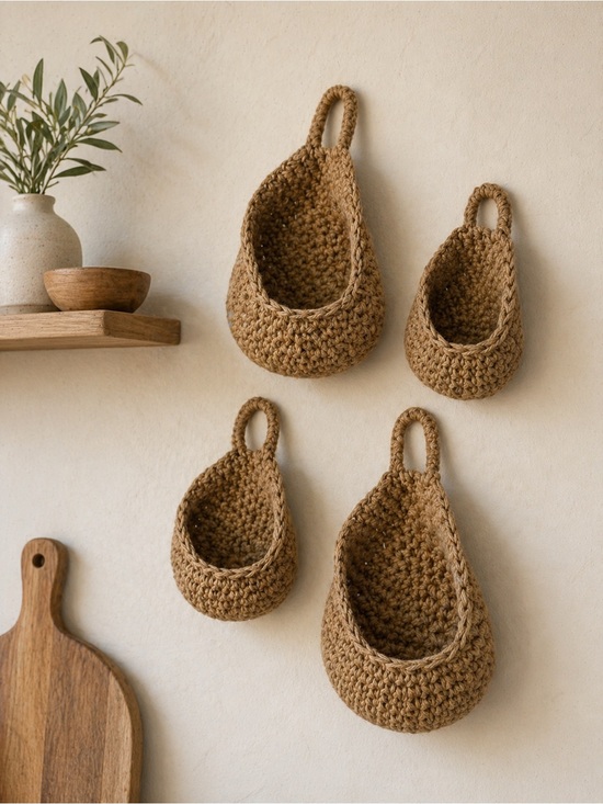 Vintage Other - Vintage Woven Hemp Hanging Wall Baskets Set Boho Rustic Kitchen Storage Decor